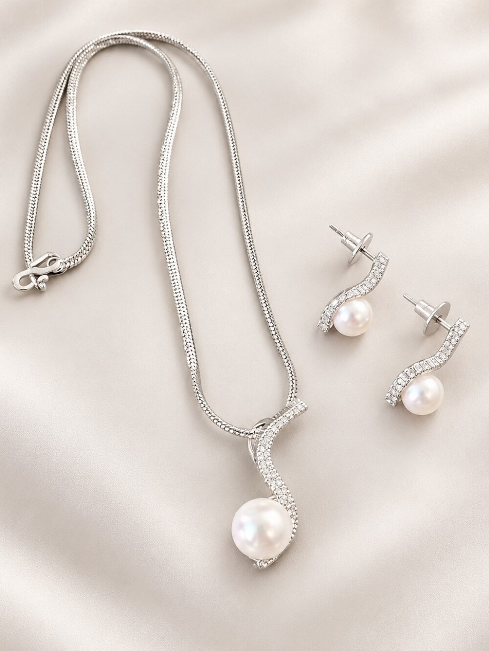 Silver American Diamond Pearl Necklace & Earrings Set for Party & Prom